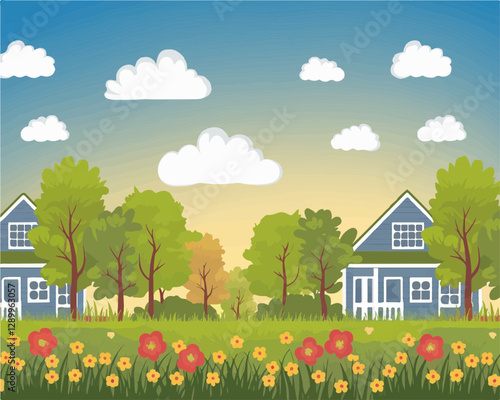 Idyllic rural scenery with colorful spring meadow trees and small blue houses on a sunny day