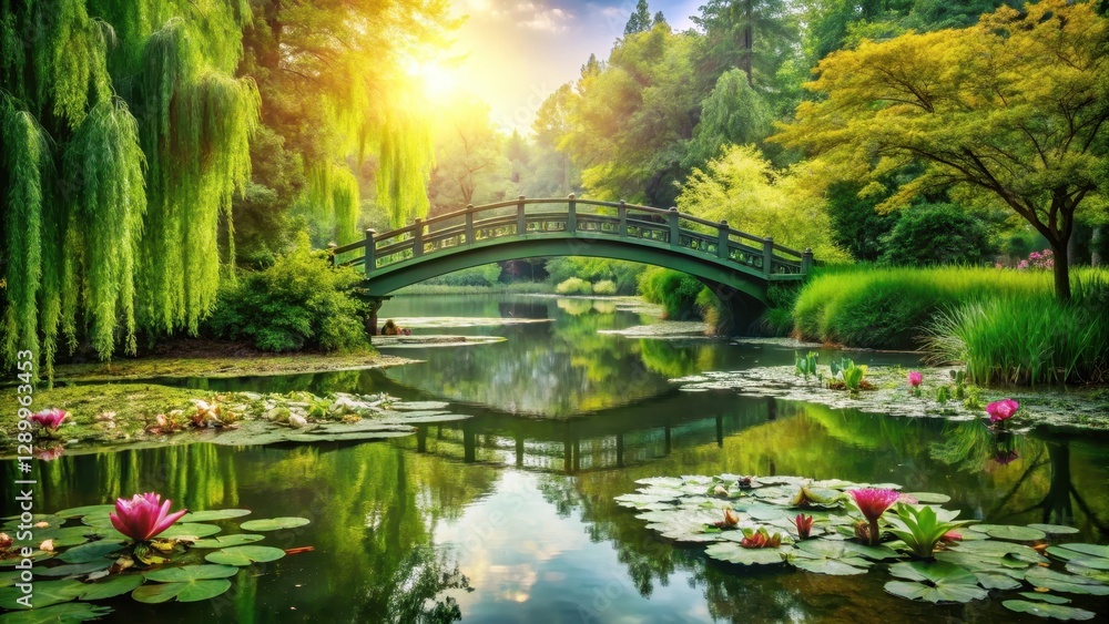 Serene water garden scene with lush green bridges and vibrant water lilies amidst a backdrop of soft sunlight filtering through the foliage , natural, water lily Serene water garden scene with lush green bridges and vibrant water lilies amidst a backdrop of soft sunlight filtering through the foliage , natural, water lily