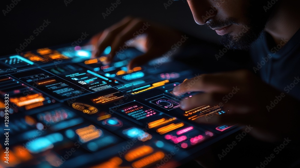 Naklejka premium Futuristic AI Powered Project Management Digital Interface with Glowing Code Analytical Dashboards and Cutting Edge Technology Showcasing the latest advancements in intelligence data visualization