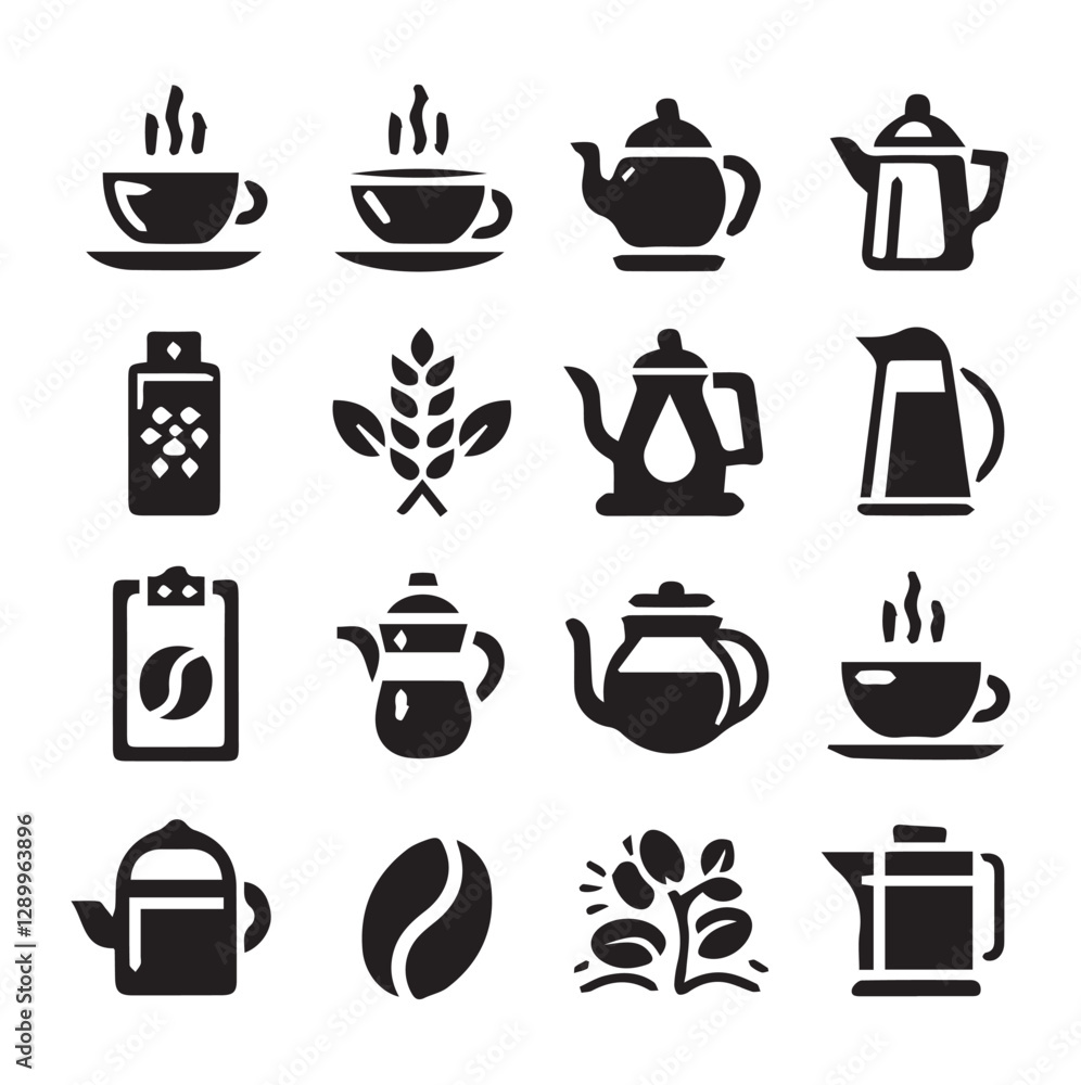 Tea and Coffee Symbols Different Silhouette Vector on a White Background Tea and Coffee Symbols Different Silhouette Vector on a White Background