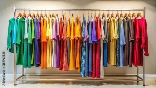 Colorful garments arranged artfully on a stylish boutique rack, clothes, hanger,  clothes, hanger,boutique