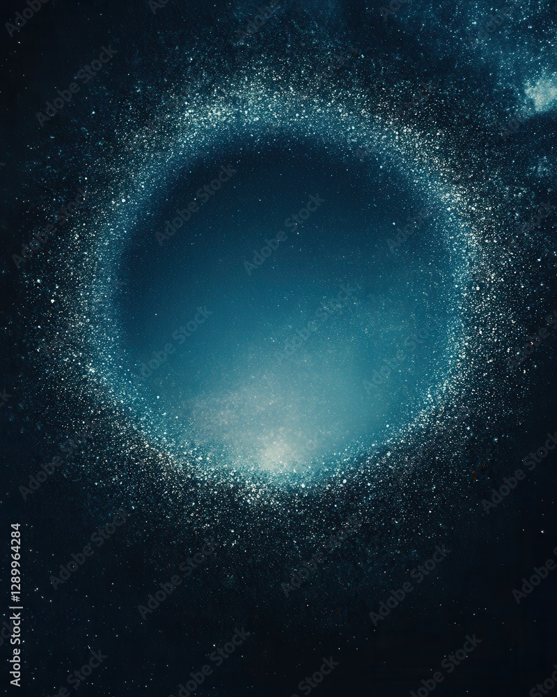 Abstract Dark Teal Galaxy Ring with Sparkling Light Particles, Cosmic Background Texture.
