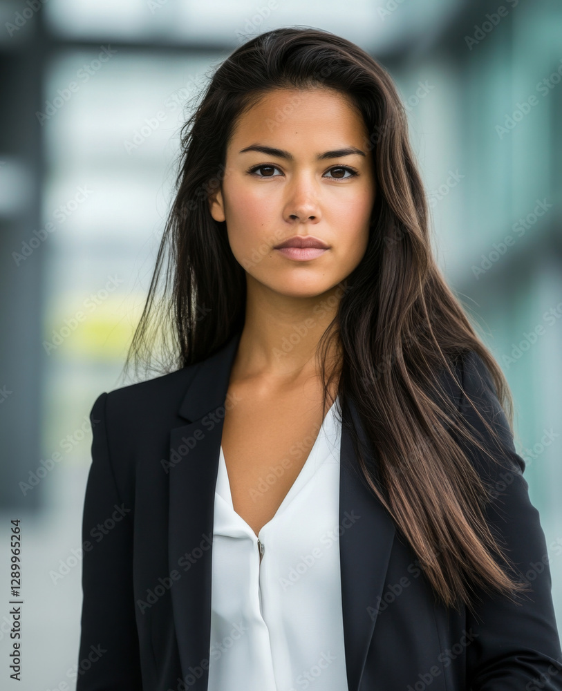 A female businesswoman, dressed in a sleek professional suit, stands confidently amidst the soft light, embodying the essence of career success and determination