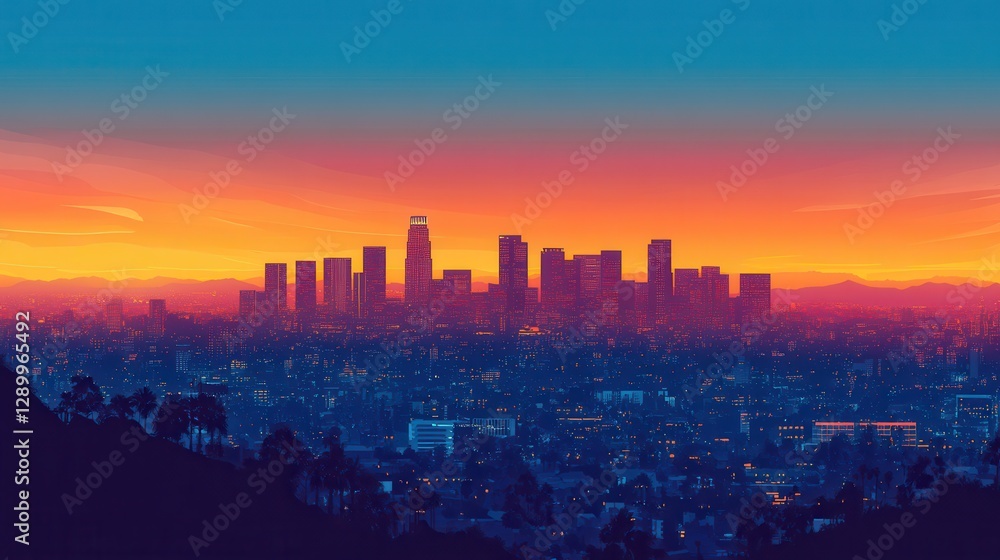 Fototapeta premium Stunning Los Angeles Skyline at Sunset Vibrant Colors, City Lights, and Urban Landscape.