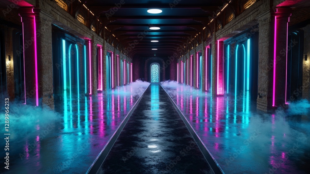 Neon Corridor Cyberpunk Synthwave Futuristic Architecture Glowing Lights Smoke Neon Corridor Cyberpunk Synthwave Futuristic Architecture Glowing Lights Smoke
