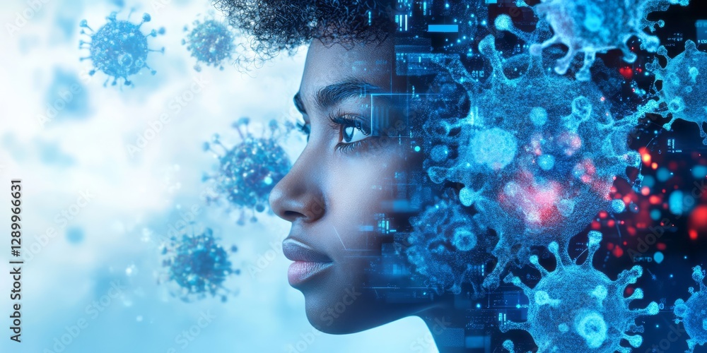 Woman profile shown with virus and digital technology overlay Woman profile shown with virus and digital technology overlay