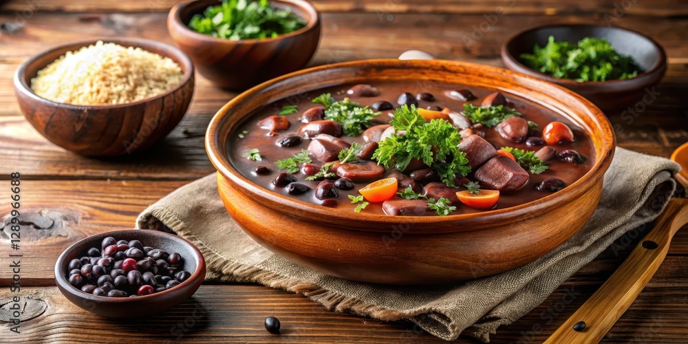 Traditional Brazilian feijoada stew with black beans served in a large bowl on a wooden table , beans, hearty, beans Traditional Brazilian feijoada stew with black beans served in a large bowl on a wooden table , beans, hearty, beans