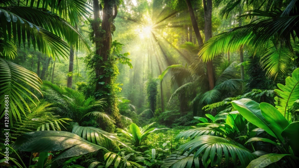 Naklejka premium Dense jungle foliage with sunlight filtering through the leaves, creating a dappled forest floor