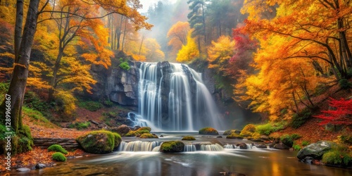 Misty Autumn waterfall in a forest with colorful flowers and lush greenery surrounding it