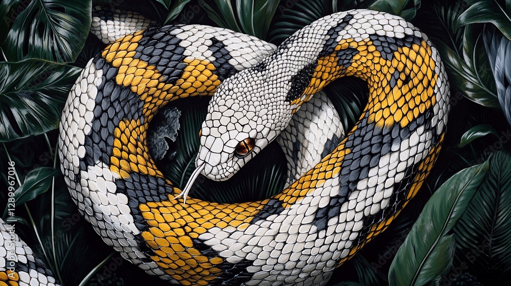 Fototapeta premium Coiled snake with yellow, white, and black scales in lush green foliage.