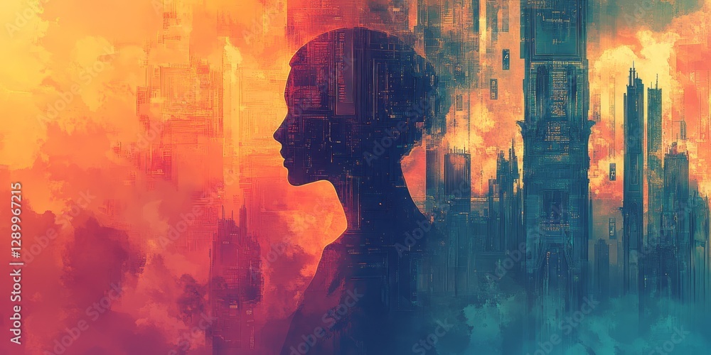 Silhouette of a woman blending into an abstract cityscape Silhouette of a woman blending into an abstract cityscape