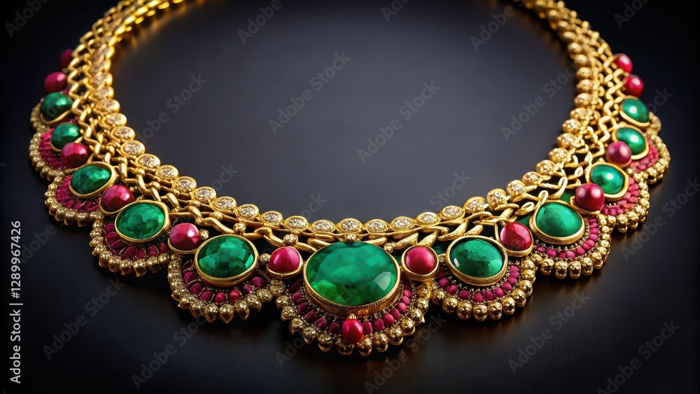 Exquisite gold chain encrusted with vibrant emerald gemstones and fiery rubies creating a stunning accessory for formal events, glamorous evening, formal wear Exquisite gold chain encrusted with vibrant emerald gemstones and fiery rubies creating a stunning accessory for formal events, glamorous evening, formal wear