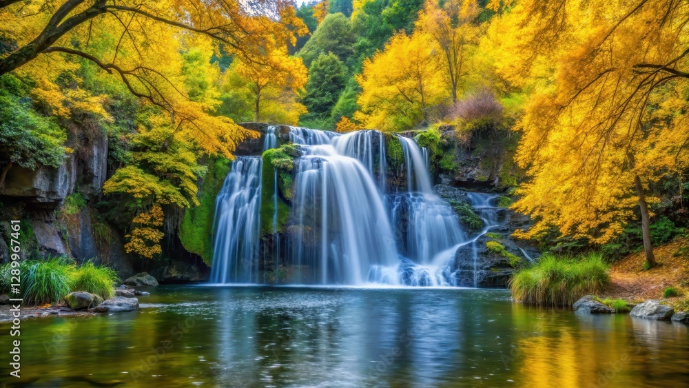 Fototapeta premium waterfall amidst greenery and yellow tree foliage, natural beauty
