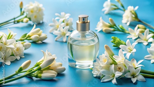 Close-up of a tuberose perfume bottle surrounded by tuberose flowers on a blue background