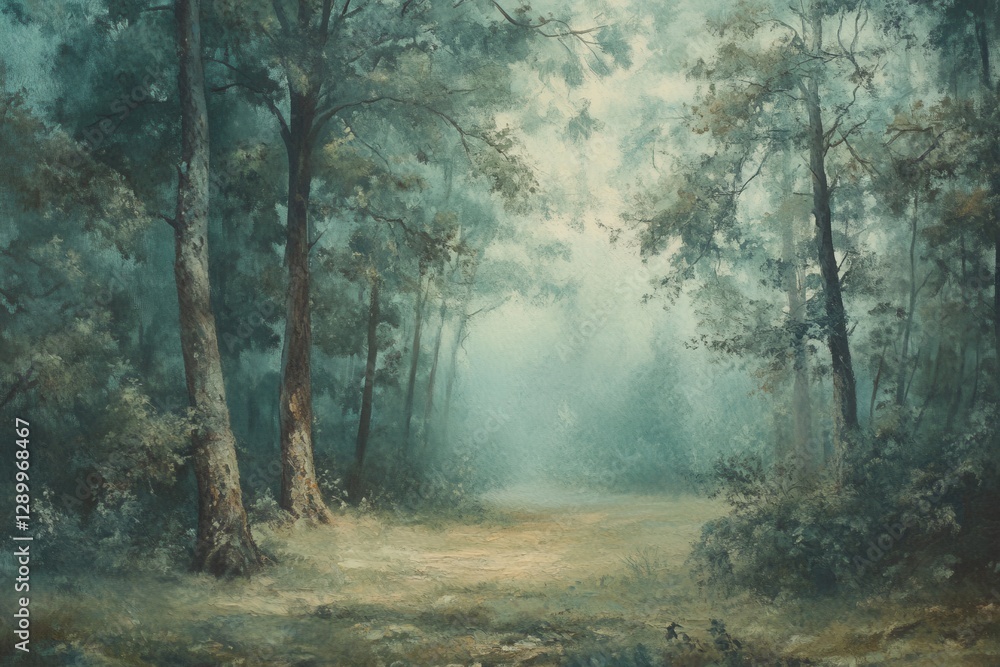 Fototapeta premium Impressionistic Forest Landscape Painting with Misty Morning Light and Soft Focus.