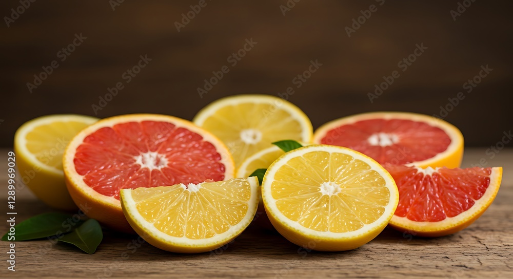 Fresh Sliced Citrus Fruits on Rustic Wood Tabletop Still Life Fresh Sliced Citrus Fruits on Rustic Wood Tabletop Still Life