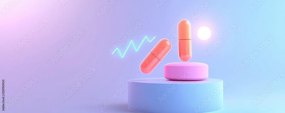 A vibrant 3D illustration featuring colorful capsules above a circular platform, symbolizing health and wellness. A vibrant 3D illustration featuring colorful capsules above a circular platform, symbolizing health and wellness.