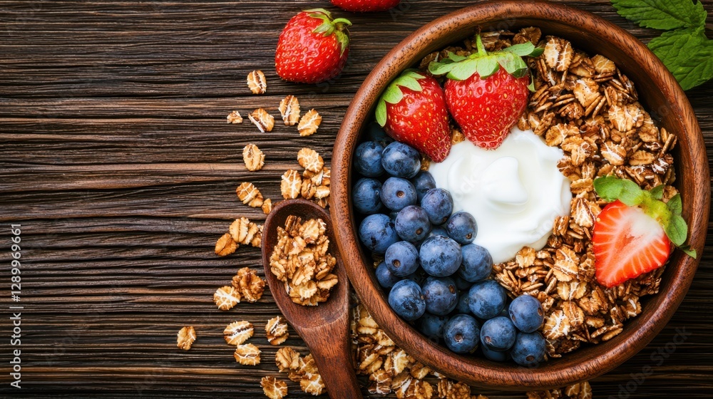 A nourishing bowl of granola topped with fresh strawberries, blueberries, and yogurt, beautifully arranged on a rustic wooden surface. A nourishing bowl of granola topped with fresh strawberries, blueberries, and yogurt, beautifully arranged on a rustic wooden surface.