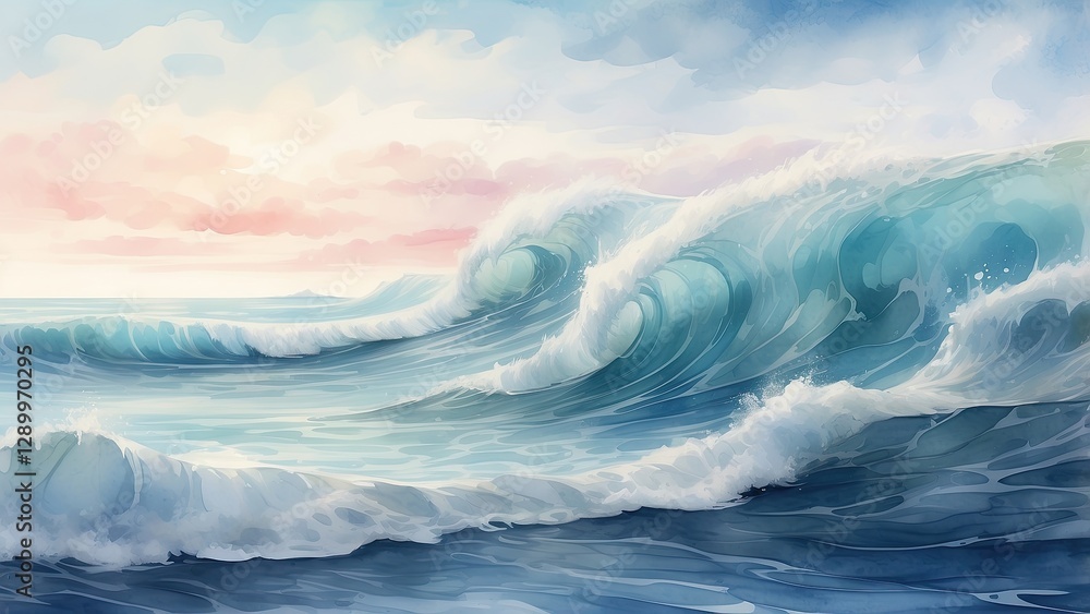 Fototapeta premium a watercolor painting of a large wave crashing into the shoreline in the ocean