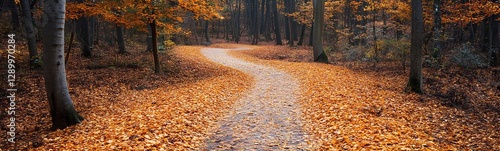 A winding path through a tranquil autumn forest covered in vibrant orange leaves.