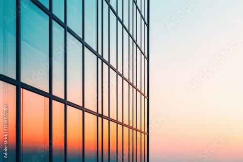 Wallpaper Mural Futuristic and modern skyscraper with sharp geometric lines and patterns reflecting the vibrant colors of the sunset sky  The clean angular design and glass facade create a sleek minimalist aesthetic Torontodigital.ca