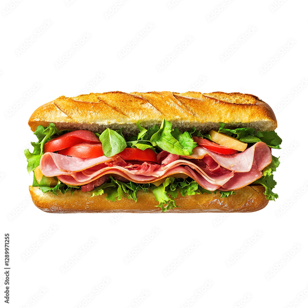Sandwiches with salami, ham, cheese, and tomatoes on parchment paper on white background Sandwiches with salami, ham, cheese, and tomatoes on parchment paper on white background