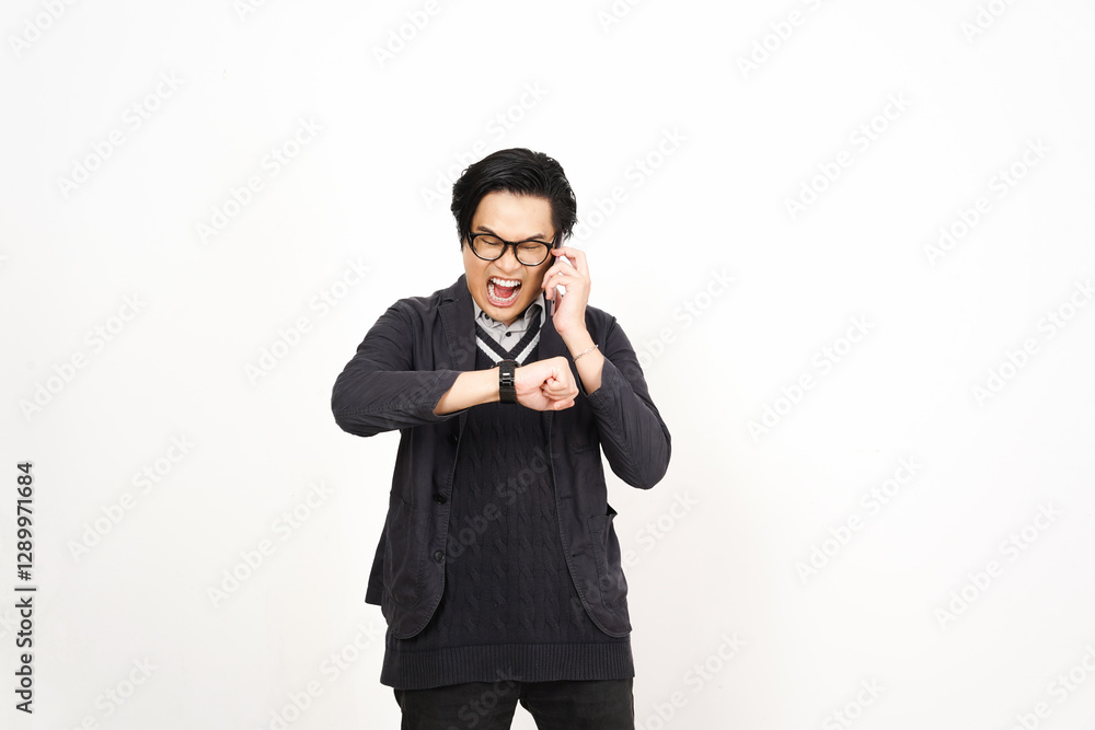 checking time while on Phone with angry mad gesture Of Handsome Asian Man Isolated On White Background checking time while on Phone with angry mad gesture Of Handsome Asian Man Isolated On White Background