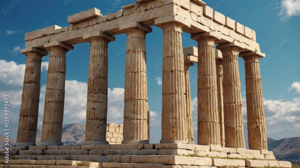 Ancient Greek Temple Ruins Featuring Doric Columns Against a Partly Cloudy Sky with a Mountainous Background in Warm Sunlight Ancient Greek Temple Ruins Featuring Doric Columns Against a Partly Cloudy Sky with a Mountainous Background in Warm Sunlight