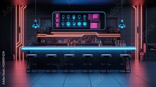 Futuristic and Luxurious AI Powered Beverage Lounge with Vibrant Neon Lighting A Cutting Edge Establishment Featuring a Sleek Sophisticated Interior Design and Captivating Techno Inspired Ambiance
