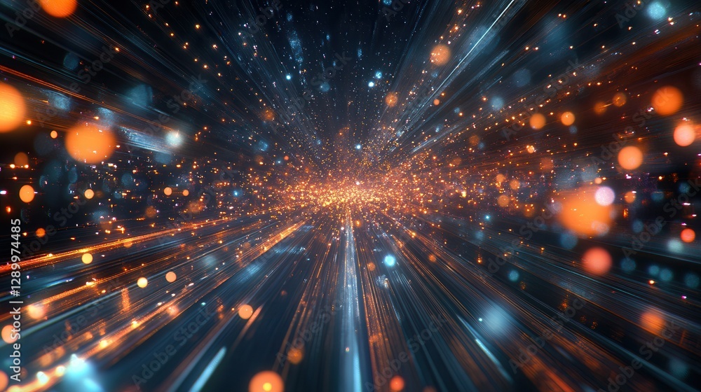 Fototapeta premium Abstract Light Streaks Dazzling Orange and Blue Light Trails with Bokeh Effects, Digital Illustration.