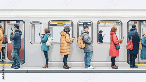 The image is a digitally enhanced illustration depicting a group of individuals standing on a subway car.  The scene is brightly lit, suggesting daytime.  The individuals are mostly