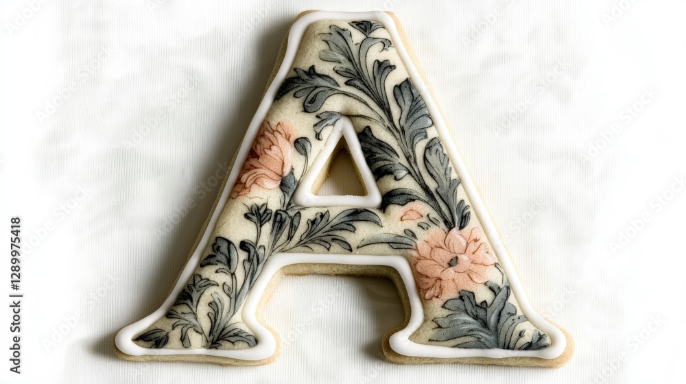 Fototapeta premium Floral Letter A Cookie Decorated Sugar Cookie Alphabet Baking Icing Design Pretty Past