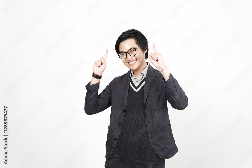 Smiling and pointing up for copy space advertising Of Handsome Asian Man Isolated On White Background Smiling and pointing up for copy space advertising Of Handsome Asian Man Isolated On White Background