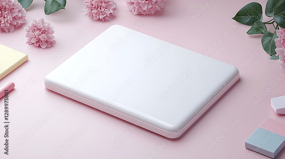 Fototapeta premium Creative workspace setup with clean laptop stylish environment and floral accents