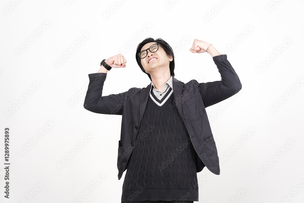 Confident Gesture Flexing Biceps Muscles Of Handsome Asian Man Isolated On White Background Confident Gesture Flexing Biceps Muscles Of Handsome Asian Man Isolated On White Background