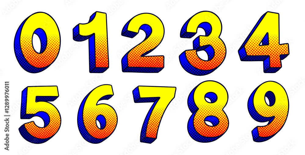 Bold and Vibrant Retro Set Numbers with Halftone and Shadow Effects Bold and Vibrant Retro Set Numbers with Halftone and Shadow Effects