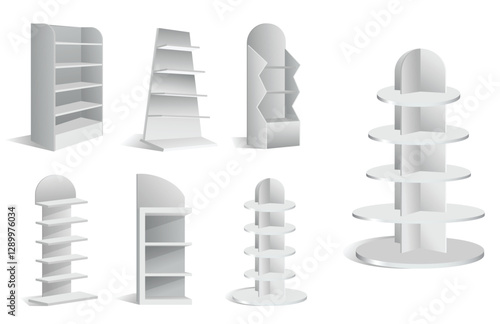 Set of Realistic Retail Store Display Shelving Units isolated on white  