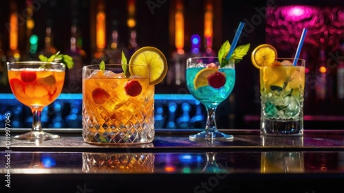 Bright Cocktails on a Dark Bar with Artistic Illumination and Vibrant Colors Featuring Lemon and Cherry Garnishments and Reflective Surfaces
