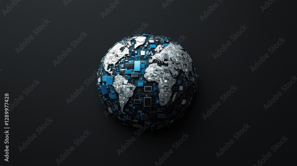 A digital globe composed of blue and silver elements, symbolizing technology and global connectivity against a dark background. A digital globe composed of blue and silver elements, symbolizing technology and global connectivity against a dark background.