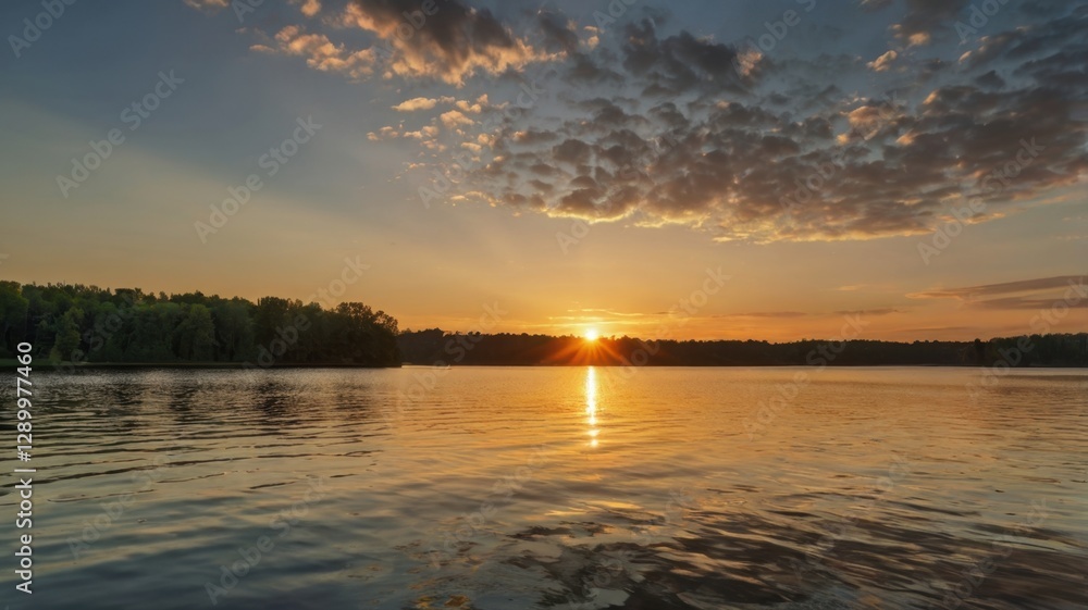 Obraz premium Golden Summer Sunrise Reflection over Calm Lake with Dramatic Sky and Lush Green Forest at Horizon