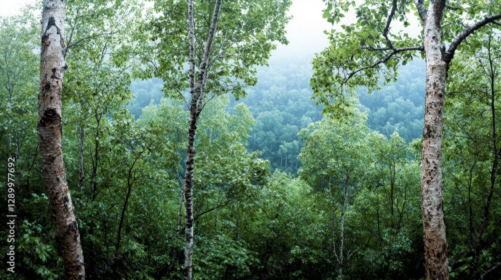 Naklejka premium Lush Green Forest Canopy Tranquil Nature Scene Trees Woods Woodland Foliage