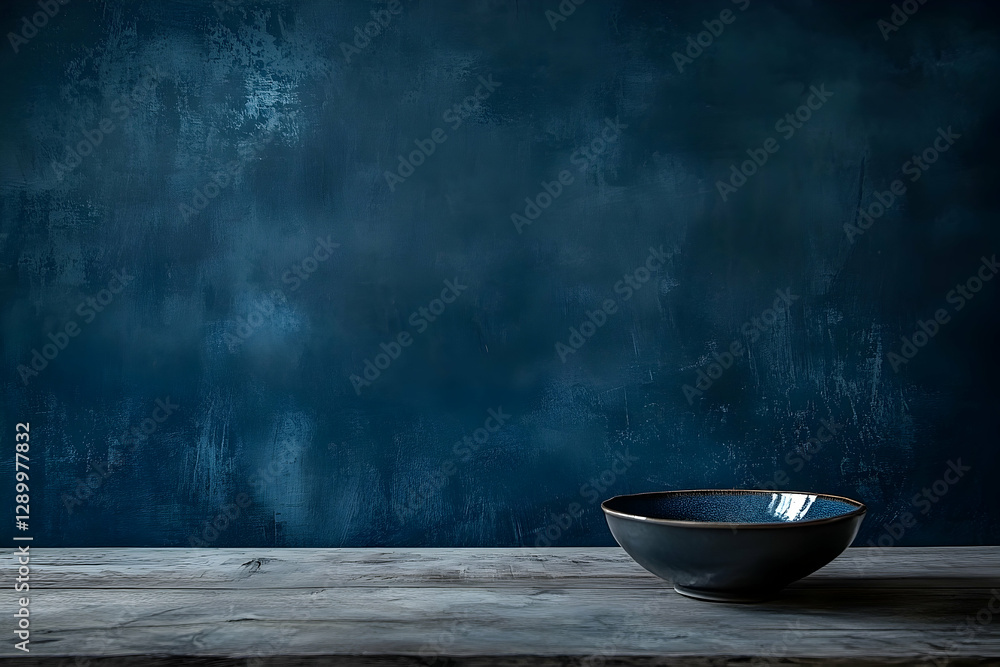 Elegant navy blue still life with a rustic bowl on a wooden surface Elegant navy blue still life with a rustic bowl on a wooden surface