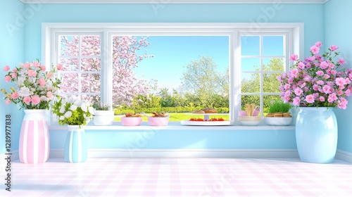 Bright Colorful Flower-Filled Room With Lush Green View Through Window, Cheerful Atmosphere In Virtual Meeting Backdrop