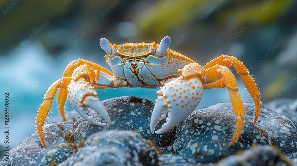 Orange crab on rocks in a coastal environment Orange crab on rocks in a coastal environment