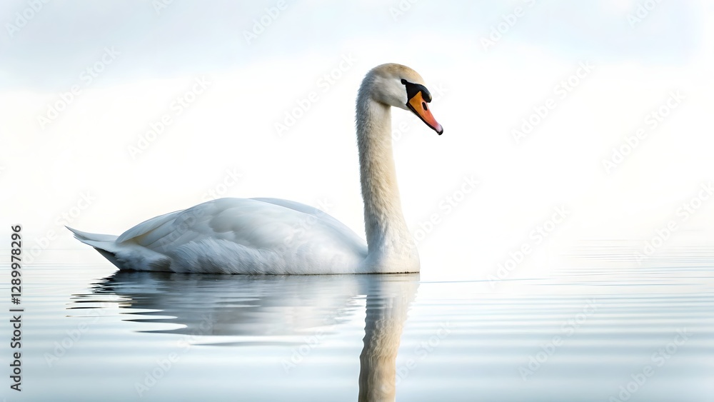 Elegant White Swan Gliding on Calm Water with Reflection – Peaceful Nature Wildlife Scene in Misty Morning Light Elegant White Swan Gliding on Calm Water with Reflection – Peaceful Nature Wildlife Scene in Misty Morning Light