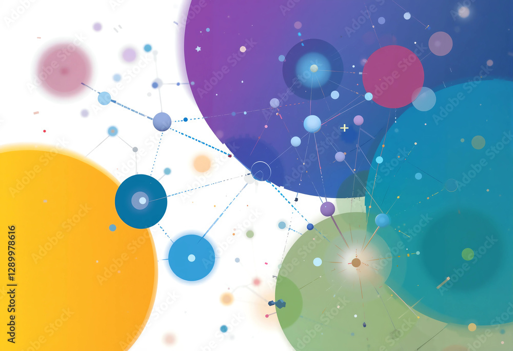 Interconnected network nodes, dotted lines connecting circles, gradient tech-inspired palette, teamwork and connectivity symbol Interconnected network nodes, dotted lines connecting circles, gradient tech-inspired palette, teamwork and connectivity symbol