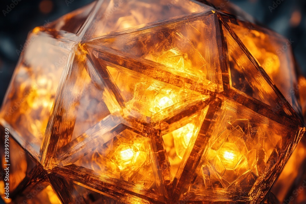 Abstract Golden Icosahedron Geometric Light Sculpture with Intricate Facets and Warm Illumination Abstract Golden Icosahedron Geometric Light Sculpture with Intricate Facets and Warm Illumination