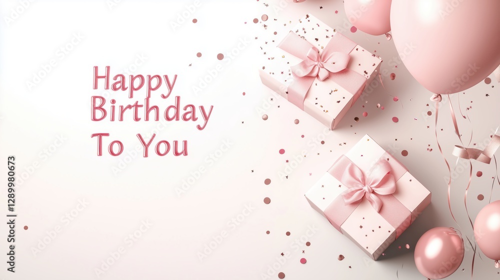 Obraz premium Soft Pink Birthday Elegance with Stylish Gifts and Balloons.