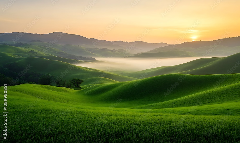 Serene landscape with rolling green hills, fog, and a warm sunrise in the background. Serene landscape with rolling green hills, fog, and a warm sunrise in the background.