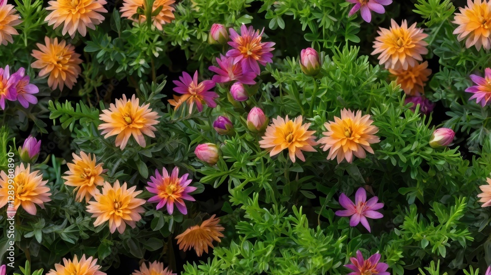 Abundant Orange and Purple Flowers Blossoming Amidst Lush Green Foliage in Natural Light Abundant Orange and Purple Flowers Blossoming Amidst Lush Green Foliage in Natural Light